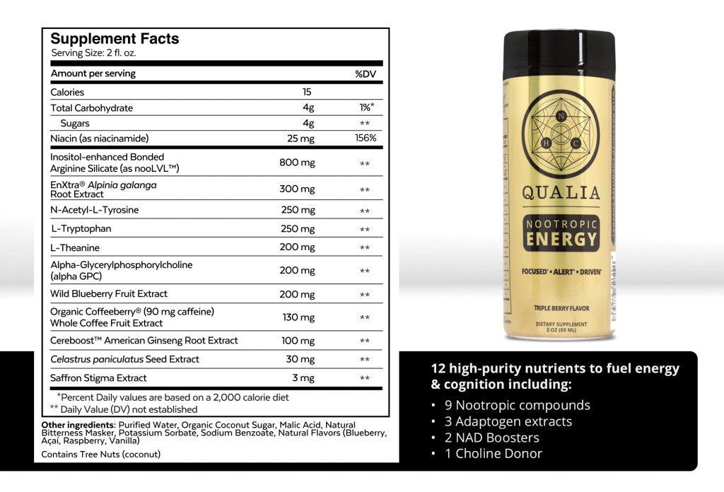 Ingredients and supplement facts of Qualia Energy Drink by Neurohacker Collective
